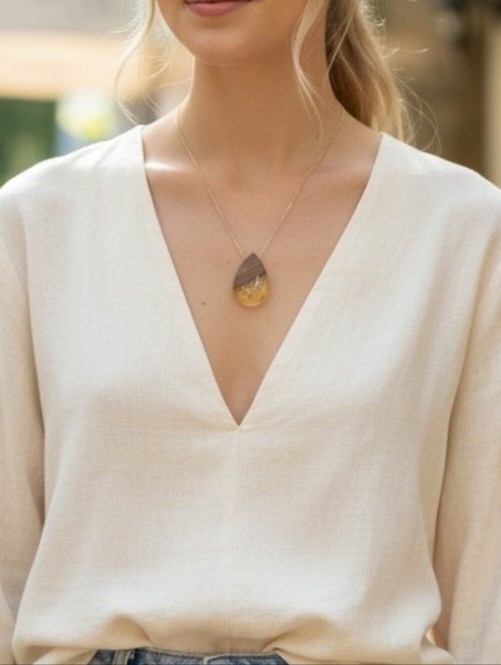 Gold Chain Teardrop Necklace with Amber Resin and Wood Pendant